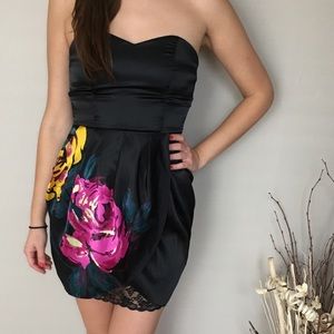 Strapless Floral Black Dress